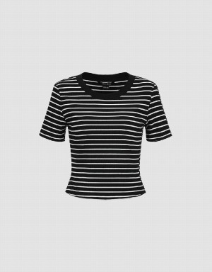 Black Women's Urban Revivo Striped Crew Neck Skinny T Shirts | HHA463HM