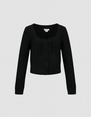 Black Women's Urban Revivo Tie Front Crew Neck Knitted Cardigan | XLB6866MW