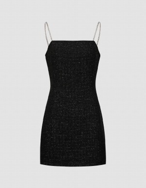 Black Women's Urban Revivo Tweed Off-Shoulder A-Line Cami Dress | EAF8024GW