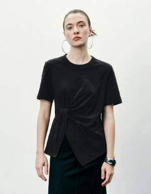 Black Women's Urban Revivo Twist Side Crew Neck T Shirts | MSN1028DD