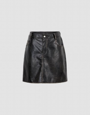 Black Women's Urban Revivo Vegan Leather Mini A-Line Skirts | OIQ4096EW