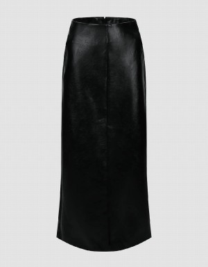 Black Women's Urban Revivo Vegan Leather Midi Straight Skirts | YME5870HG