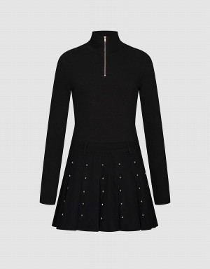 Black Women's Urban Revivo Zip Half Placket A-Line Dress | KRM3422OG