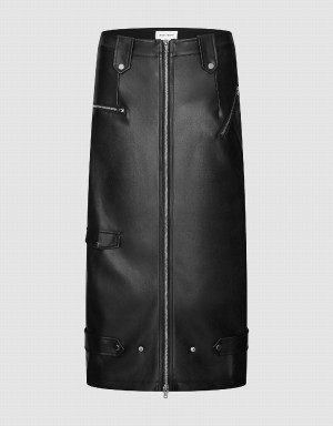 Black Women's Urban Revivo Zip Up Midi Vegan Leather Skirts | UCQ5353ZI