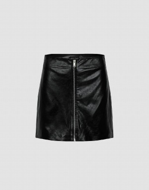 Black Women's Urban Revivo Zipper Front Vegan Leather Mini A-Line Skirts | YMA5930FW