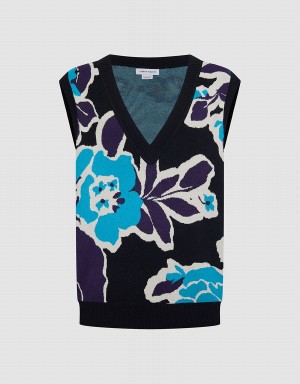 Blue Black Women's Urban Revivo Floral Jacquard Sweaters | XMH5110SQ