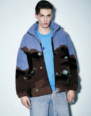 Blue Brown Men's Urban Revivo Printed Stand Collar Furry Jackets | CCG412JT