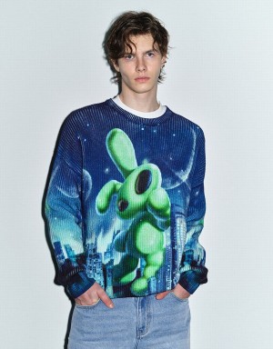 Blue Green Men's Urban Revivo Interstellar Bunny Printed Knitted Cardigan | KXL8254YF