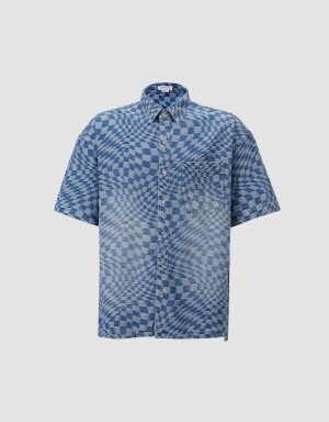 Blue Men's Urban Revivo Checkered Denim Shirts | BUP9079YP