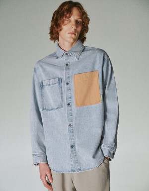 Blue Men's Urban Revivo Loose Denim Shirts | GER9770NW