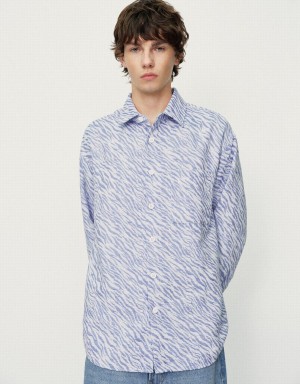 Blue Men's Urban Revivo Printed Button Up Oversized Jackets | HMY2116DS