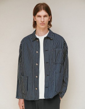 Blue Men's Urban Revivo Striped Denim Jackets | CSZ1936QF