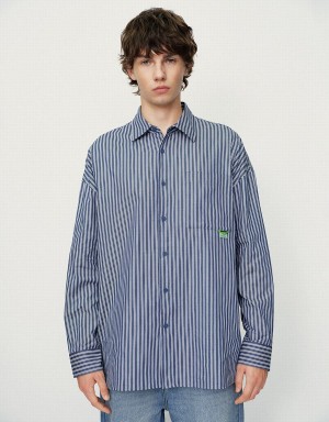 Blue Men's Urban Revivo Striped Oversized Shirts | IBT449TL