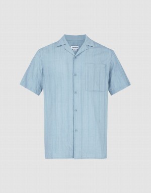 Blue Men's Urban Revivo Striped Short Sleeve Shirts | ZCN4722YC