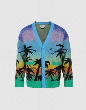 Blue Multicolor Men's Urban Revivo Tropical Pattern Knitted Cardigan | ECM730WX