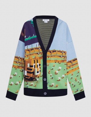 Blue Multicolor Women's Urban Revivo Landscape Contrast Trim Cardigan | ZVW266MH