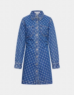 Blue Women's Urban Revivo Allover Jacquard Ruched Button Up Denim Dress | LOF154XM