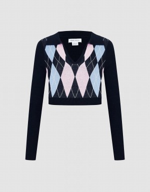 Blue Women's Urban Revivo Argyle Crop Checkered Sweaters | UMX3584YM