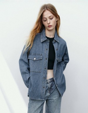 Blue Women's Urban Revivo Button Up Denim Shirts | PVJ799HA