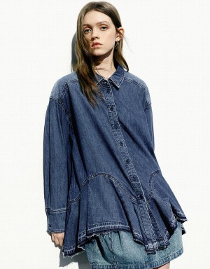 Blue Women's Urban Revivo Button Up Loose Denim Shirts | JWP6754JU