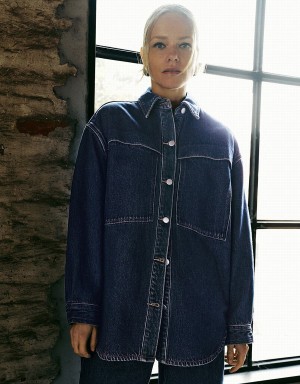 Blue Women's Urban Revivo Button Up Oversized Denim Shirts | DSO3720KT