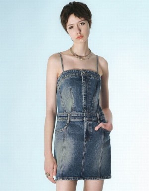 Blue Women's Urban Revivo Cami Denim Dress | SRX6541CF