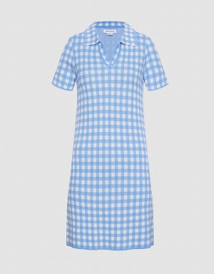 Blue Women's Urban Revivo Checkered Knitted Mini Checkered Dress | XTN8829RB