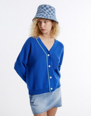 Blue Women's Urban Revivo Contrast Stitch Cardigan | LLG8378HP