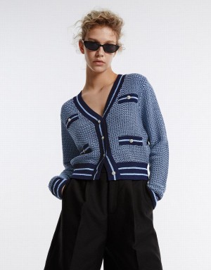 Blue Women's Urban Revivo Contrast Trim Cardigan | LYY4951UU