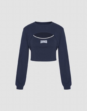 Blue Women's Urban Revivo Cut-Out Crew Neck Knitted T Shirts | NAO246YY