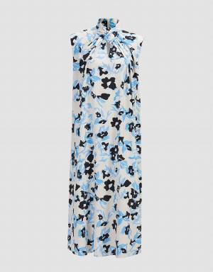 Blue Women's Urban Revivo Cut Out Floral Print Sleeveless Dress | BZH4861UU