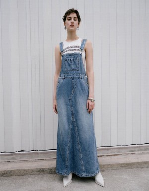 Blue Women's Urban Revivo Denim Pinafore Dress | TXW1198YQ