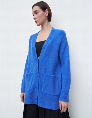 Blue Women's Urban Revivo Drop Shoulder Sleeve V-Neck Knitted Cardigan | OFQ1830IF