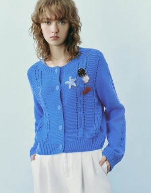 Blue Women's Urban Revivo Drop Shoulder Sleeve Crew Neck Knitted Cardigan | TVY1075CE