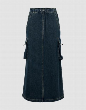 Blue Women's Urban Revivo Elastic Waist Straight Denim Skirts | AME5068NH