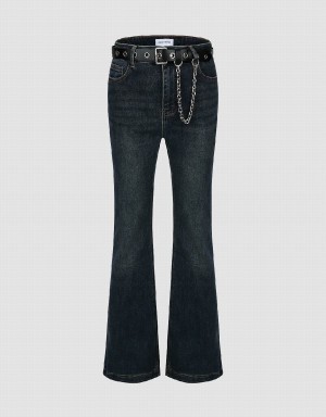 Blue Women's Urban Revivo Flare With Belt Jeans | TKF548SE