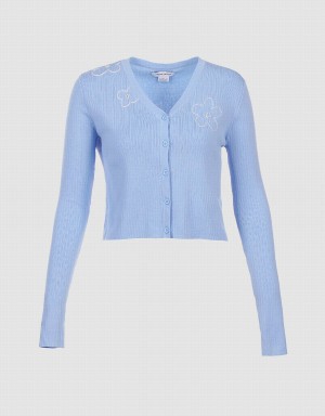 Blue Women's Urban Revivo Floral Embroidery Button Up Cardigan | QAX57100PQ