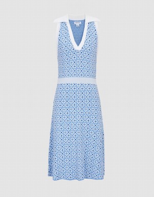 Blue Women's Urban Revivo Floral Pattern Sleeveless Knitted Dress | YGC7487AH