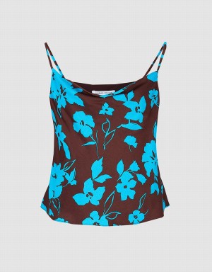 Blue Women's Urban Revivo Floral Print Cowl Neck Cami Tank Top | IRV4643HQ