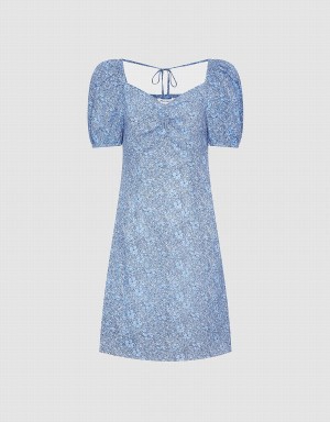 Blue Women's Urban Revivo Floral Print Puff Sleeve Sweetheart Dress | YXD4051HO