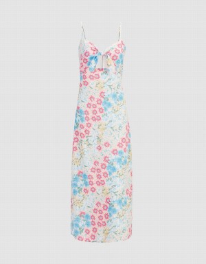 Blue Women's Urban Revivo Floral Print Tie Front Cut Out Cami Dress | YIP4954ZQ