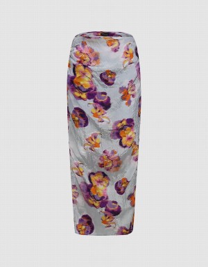 Blue Women's Urban Revivo Flower Printed Straight Skirts | PUV7976NB