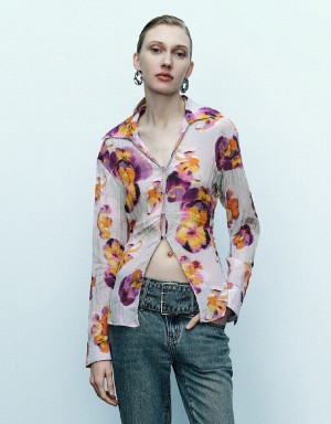 Blue Women's Urban Revivo Flower Printed Shirts | CUG4488GH