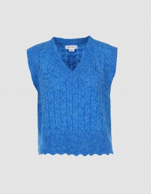 Blue Women's Urban Revivo Fuzzy Cable Knit Tank Top | HLY656EL