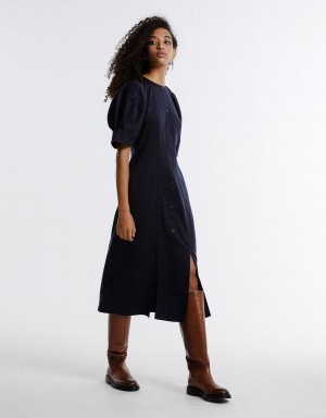 Blue Women's Urban Revivo Gathered Waist Puff Sleeve Dress | DMC5741DY