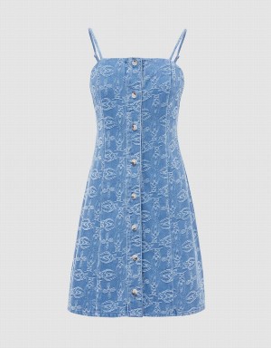 Blue Women's Urban Revivo Geo Pattern Denim Cami Dress | ESD3560HA