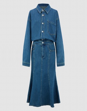 Blue Women's Urban Revivo Lapel Denim Dress | IUA9187AT