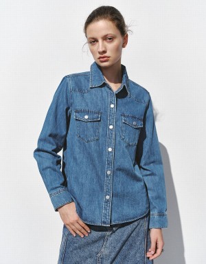 Blue Women's Urban Revivo Loose Denim With Pressed Buttons Shirts | FIB2560KP