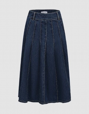 Blue Women's Urban Revivo Midi A-Line Denim With Belt Skirts | CYL4278YQ