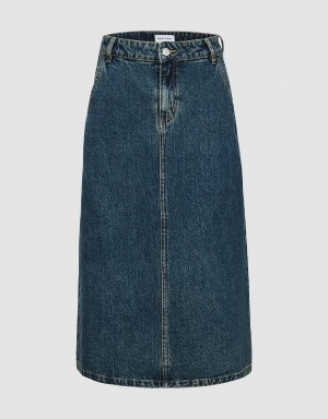 Blue Women's Urban Revivo Midi A-Line Denim Skirts | HWJ8819YC